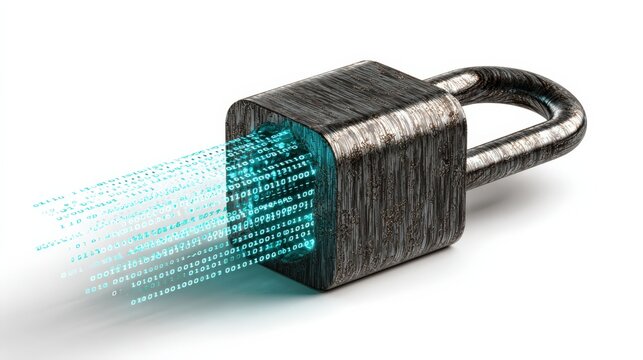 A metallic padlock securely guards digital data, represented by glowing blue binary code streams. ..Created with Generative AI, not depicting real subjects.