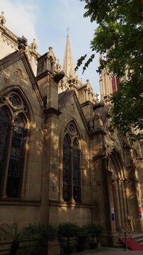 Sacred Heart Cathedral Guangzhou Gothic Side Entrance Handheld Slow Pan
