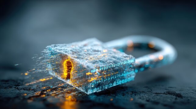 A glowing digital padlock forged from ice and light, its interior radiating a golden keyhole. ..Created with Generative AI, not depicting real subjects.