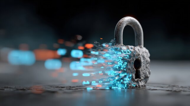 A secure digital lock is shattering into fragmented data. ..Created with Generative AI, not depicting real subjects.