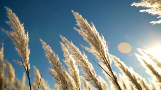 Sunny pampas grass plumes against bright blue sky