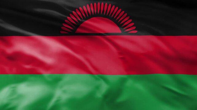 National flag of malawi waving in wind against a dark background texture.