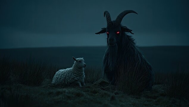 A mystical, ominous scene depicts a large, dark goat with red eyes beside a small lamb at dusk