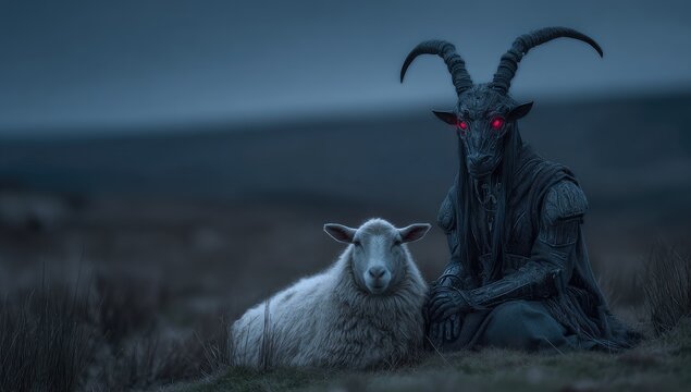 A cloaked, horned figure with glowing eyes sits beside a sheep in a dark, rural landscape