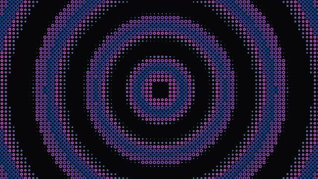 Vibrant purple and blue concentric circles radiate outward in a pixelated pattern on a black background with a white border. abstract moving wave background seamless