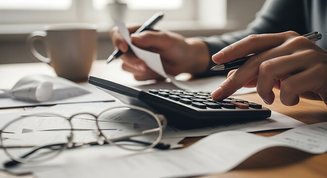 Person calculating household expenses using a calculator and reviewing financial documents at a desk.