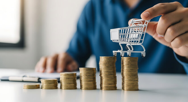 A businessman placing a miniature shopping cart on top of a growing stack of coins.