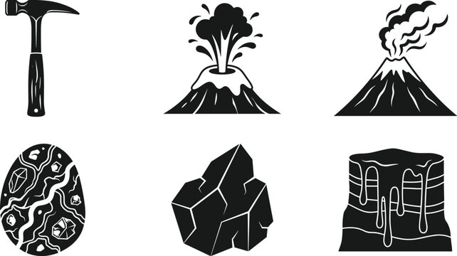 Volcano eruption geology rock minerals and earth crust layer black solid glyph icon set for geography graphic design