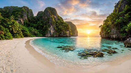 Fototapeta premium Scenic Tropical Beach with Crystal Clear Water and Sunset View.