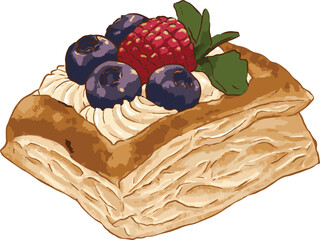 Vector illustration of a layered Danish puff pastry topped with a swirl of white whipped cream, a fresh red raspberry, dark blueberries, and green mint leaves © dolphinno