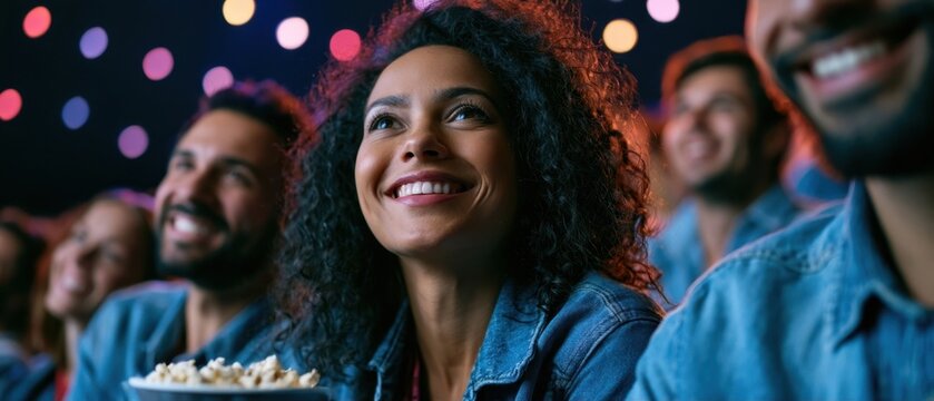 Happy woman with curly hair smiling at movie theater screen holding popcorn