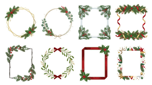 Christmas botanical wreath and border set, 8 festive holiday floral frames with holly and pine, winter greenery vector collection for invitations isolated PNG with Transparent Background