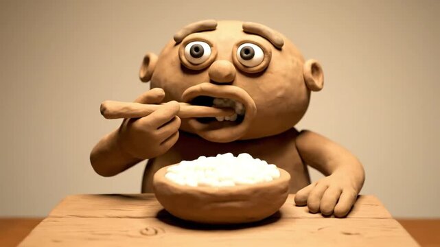 Claymation character eating rice with chopsticks from a bowl.