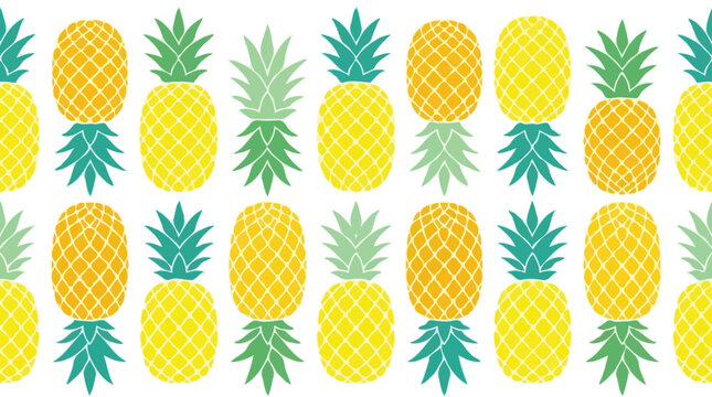 Cute cartoon pineapple horizontal border pattern isolated on white background