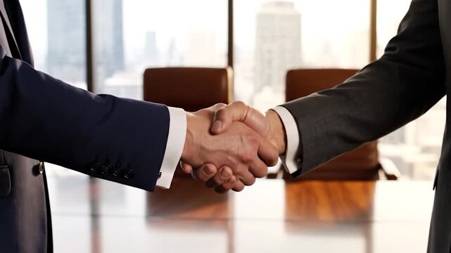 Professional handshake between two business people in a corporate environment