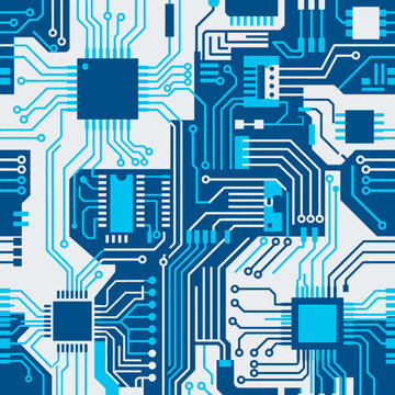 Digital circuit board with blue pathways and microchips