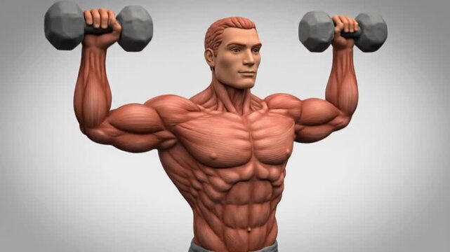 Muscular Man Performing Dumbbell Shoulder Press Exercise.