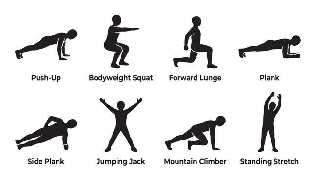 Set of eight black silhouette icons depicting various bodyweight exercises for fitness and health on white background