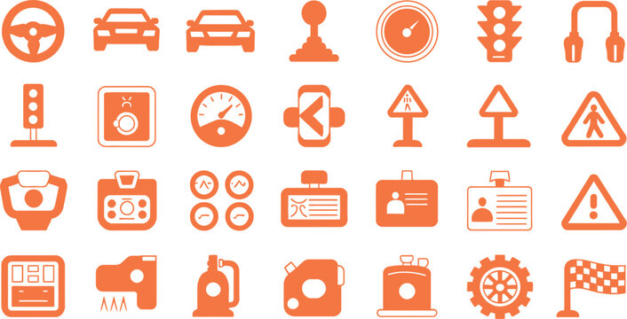 Driving Lesson Service Concept Icons Set, driving school education, learning to drive, vehicle safety and transportation symbols for training and instruction.