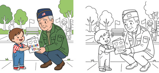 Veterans Day coloring page of a little boy giving a thank you card to an elderly soldier in military uniform, colored and black and white line art vector illustration