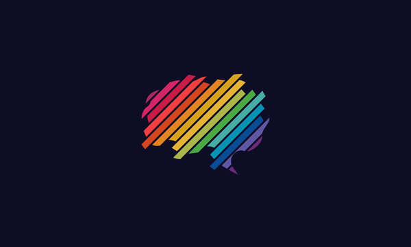 Abstract human brain vector icon with colorful rainbow stripes. Creative mind logo for artificial intelligence, neurology, psychology, and brainstorming on a dark background.