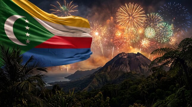 Waving Comoros flag over volcanic mountain landscape with exploding fireworks at night in cinematic style
