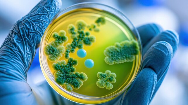 Laboratory technician in blue gloves holding a petri dish with microbial colonies growing on agar