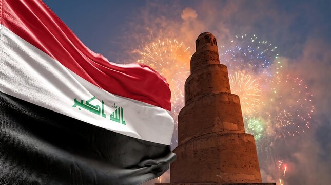 Waving national flag of Iraq with Samarra spiral minaret and colorful fireworks background
