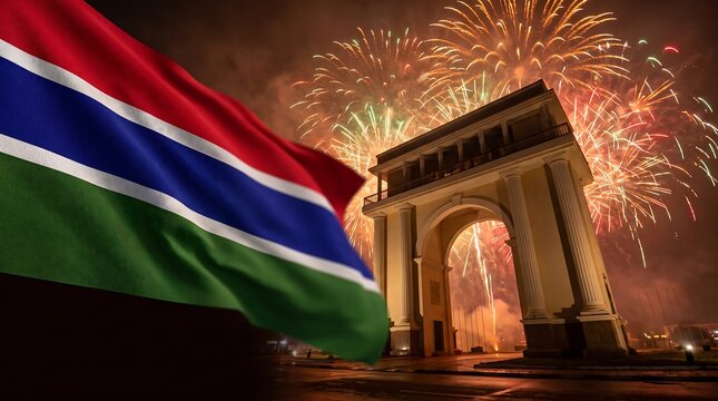 Waving national flag of Gambia over Arch 22 with night fireworks display in Banjul city