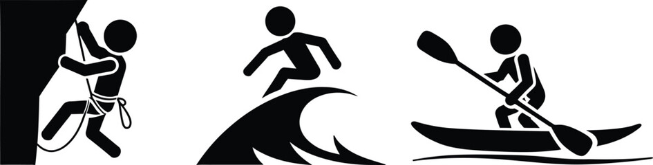Extreme Sports Icons Set, solid black silhouette symbols featuring climbing, kayaking and outdoor adventure activities for recreation, fitness and active lifestyle designs. © CrownOrigin