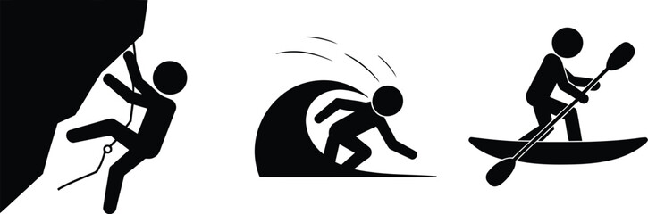 Extreme Sports Icons Set, black silhouette outdoor activity symbols including climbing, kayaking and adventure sports for recreation, travel and fitness vector illustrations. © CrownOrigin