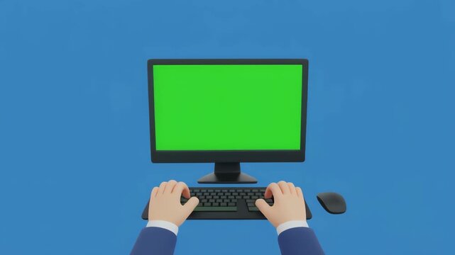 Person's hands operating a computer with a green screen display in a blue room with cinematic motion