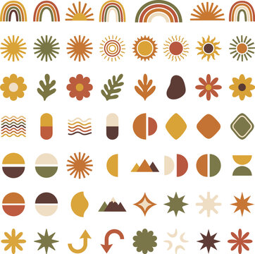 Minimalist boho chic abstract clip art elements including hand drawn suns, rainbows, flowers, and geometric shapes in warm earth tones