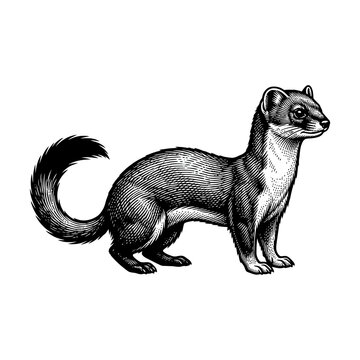 Detailed black and white illustration of a mongoose standing alert