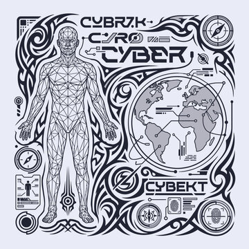 Futuristic cybernetic human silhouette with digital circuitry and global network