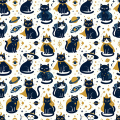 Seamless pattern of mystical black cats with golden celestial motifs © lontong