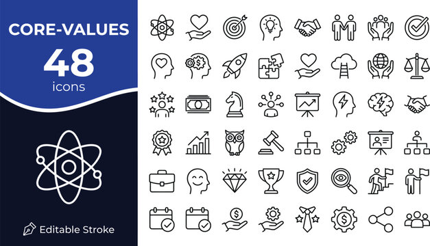 Core Values icon set. Ethics and business principle related line icons. integrity, honesty, respect, responsibility, teamwork, innovation,  trust, vision and more. Editable stroke.