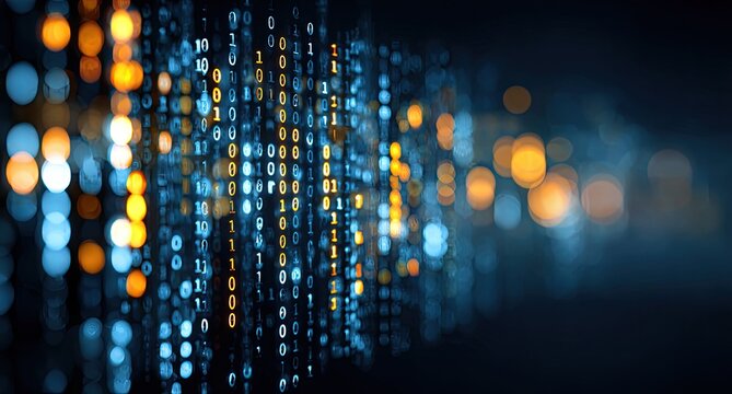 Abstract visual of binary code data streams with blue and yellow light bokeh