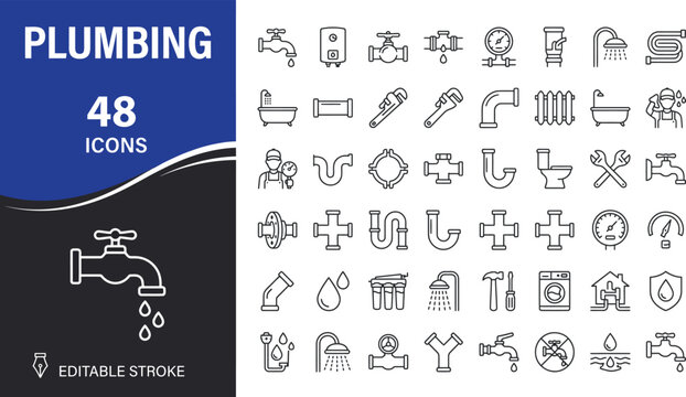 Plumbing icons set representing pipes, water systems, maintenance, repair services, drainage and plumbing equipment. Editable Stroke.