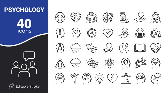 Psychology icons set representing mental health, human behavior, emotions, therapy, brain function, counseling, stress management and psychological studies. Editable Stroke.