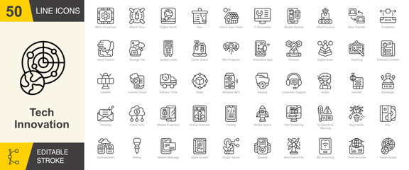 Tech Innovation line editable icon set. Containing micro processor, cloud technology, satellite, rocket, developer, data transfer, cyber attack, and more. Editable stroke. Vector illustration © PureGlyph