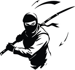 Naklejka premium Ninja in action wielding a katana. Stealthy martial artist in black attire performing combat moves.