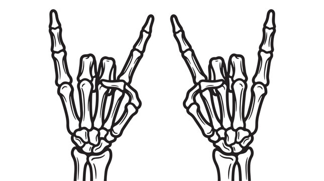 Rock on hand gestures, skeleton hands, black and white vector illustration, rock music symbols, horn up signs