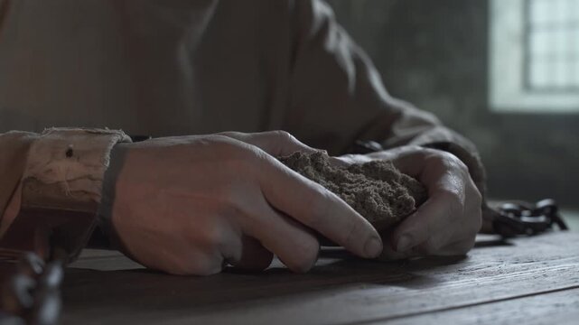 Medieval prisoner locked in iron shackles tearing a large loaf chunk of bread on a rustic wooden table inside a gloomy jail cell
