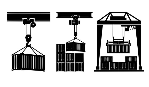 Modern freight container lifting hook icon collection with industrial crane pulley vector symbols isolated on white