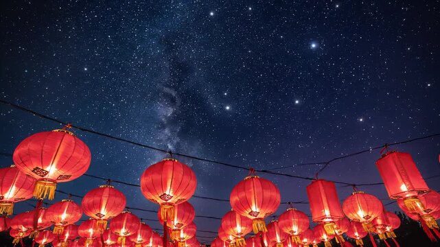 Illuminated red paper lanterns hanging against a starry night sky