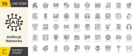 Artificial Networks line editable icon set. Containing artificial intelligence, cybersecurity, data protection, hosting, database, streaming, and more. Editable stroke. Vector illustration © PureGlyph