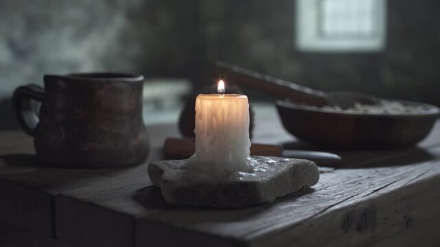 Bowl of porridge and crust of bread on a rough wooden table near a burning wax candle inside a dark jail cell, camera tracking shot