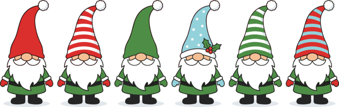 Christmas gnomes vector set with cute holiday garden dwarfs wearing colorful striped and starry winter hats for Scandinavian festive greeting card designs.