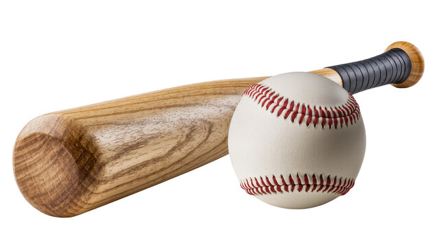 Wooden baseball bat and stitched ball, isolated on transparent background